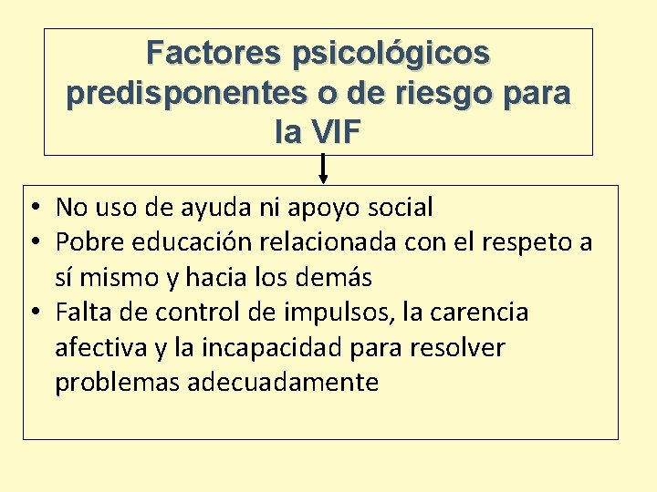 Factores psicológicos predisponentes o de riesgo para la VIF • No uso de ayuda