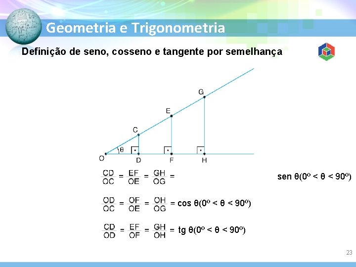 Geometria e Trigonometria Definição de seno, cosseno e tangente por semelhança sen θ(0º <