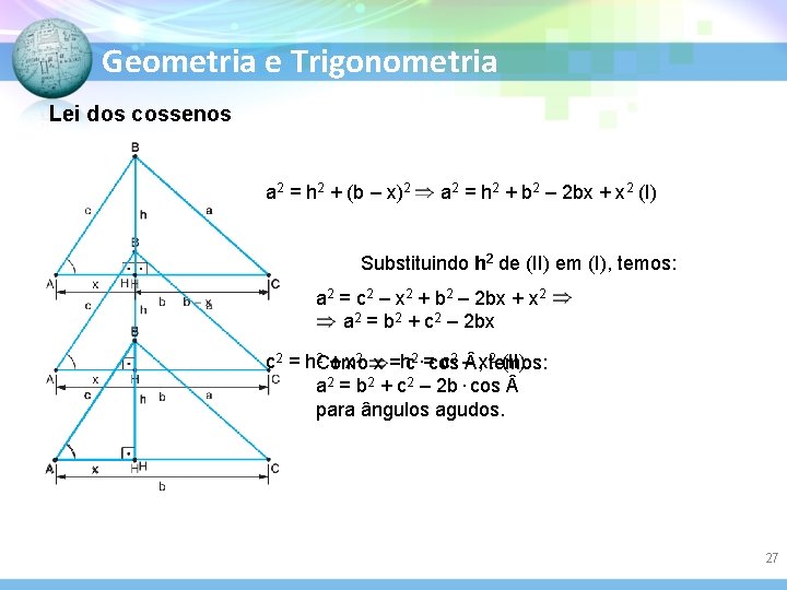 Geometria e Trigonometria Lei dos cossenos a 2 = h 2 + (b –