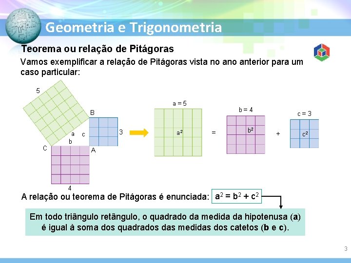 Geometria e Trigonometria Teorema ou relação de Pitágoras Vamos exemplificar a relação de Pitágoras