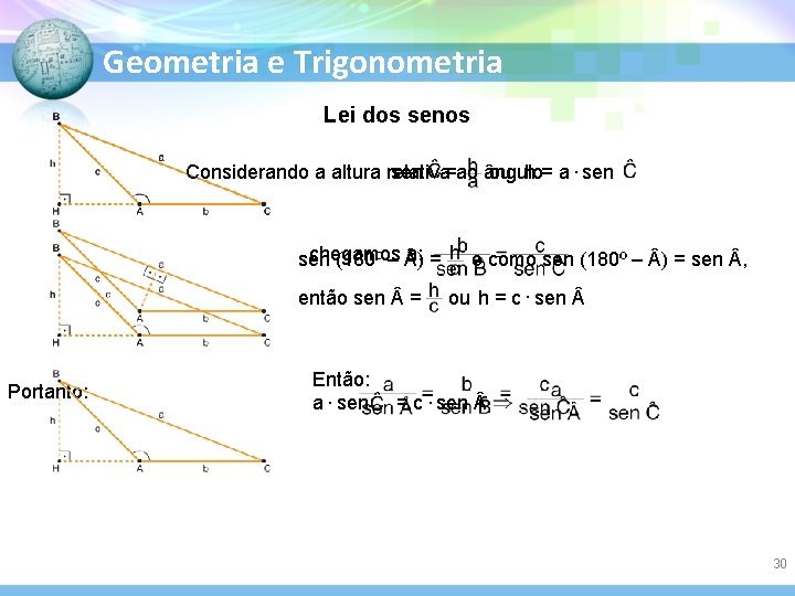 Geometria e Trigonometria Lei dos senos Considerando a altura relativa sen =ao ângulo ou