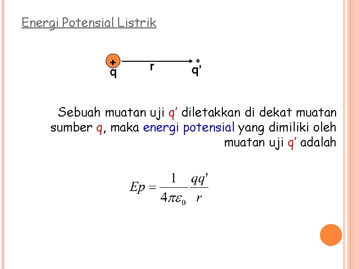 Energi Potensial Listrik + q r q’ Sebuah muatan uji q’ diletakkan di dekat