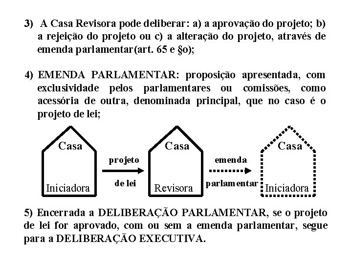 3) A Casa Revisora pode deliberar: a) a aprovação do projeto; b) a rejeição 3) A Casa Revisora pode deliberar: a) a aprovação do projeto; b) a rejeição