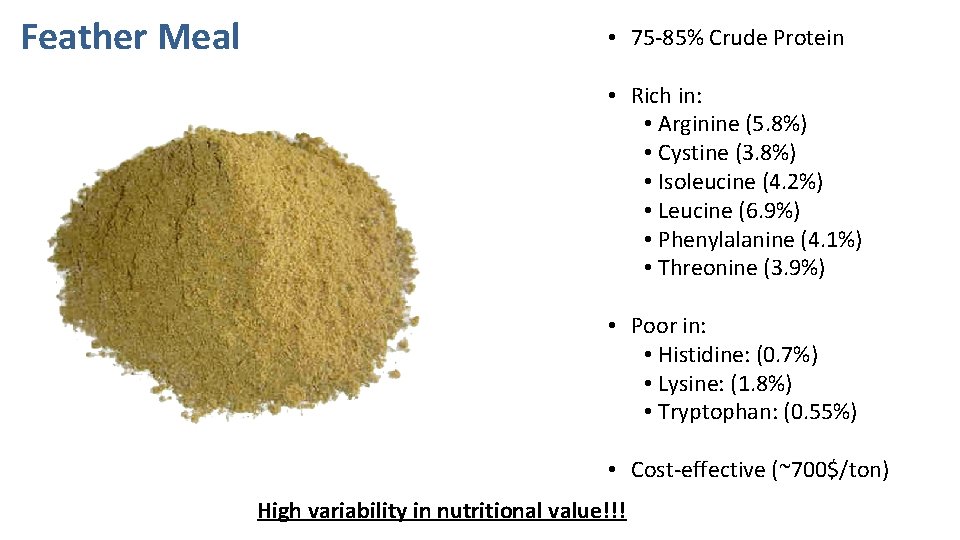 Feather Meal • 75 -85% Crude Protein • Rich in: • Arginine (5. 8%)
