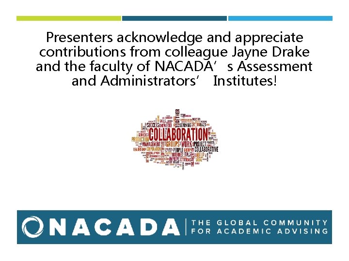 Presenters acknowledge and appreciate contributions from colleague Jayne Drake and the faculty of NACADA’s