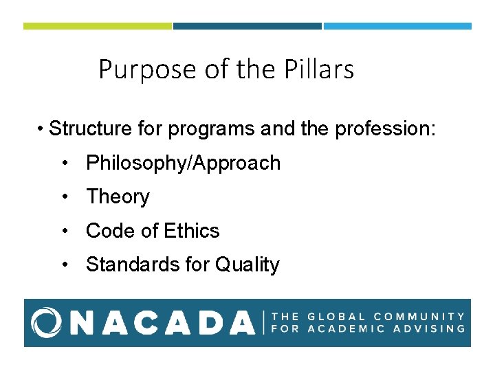 Purpose of the Pillars • Structure for programs and the profession: • Philosophy/Approach • Purpose of the Pillars • Structure for programs and the profession: • Philosophy/Approach •