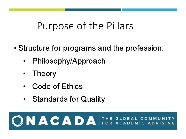 Purpose of the Pillars • Structure for programs and the profession: • Philosophy/Approach •