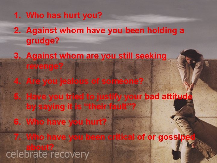 1. Who has hurt you? 2. Against whom have you been holding a grudge?