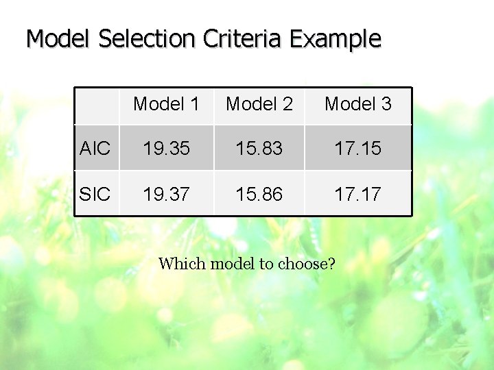 Model Selection Criteria Example Model 1 Model 2 Model 3 AIC 19. 35 15.