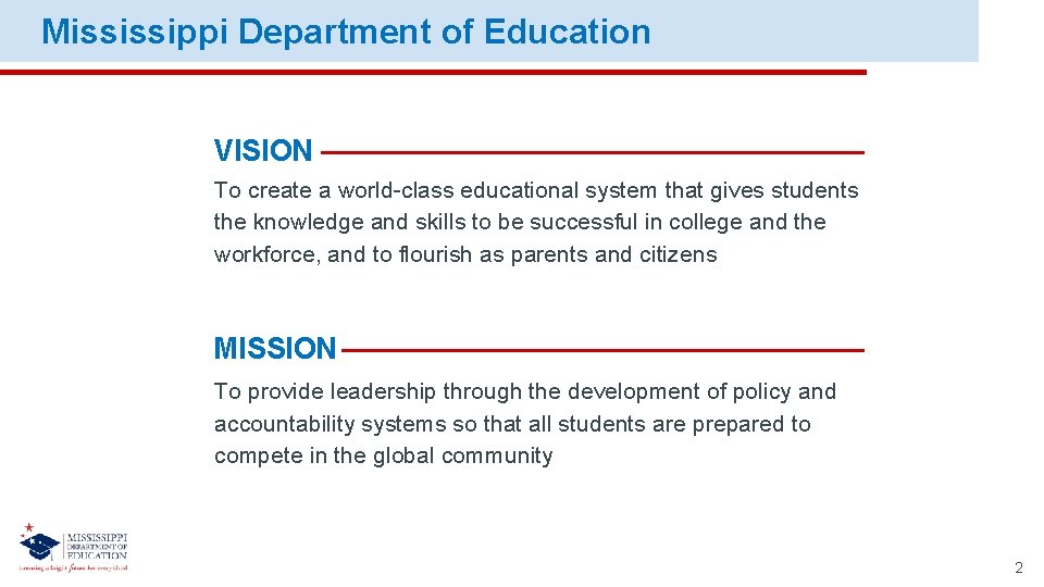 Mississippi Department of Education VISION To create a world-class educational system that gives students