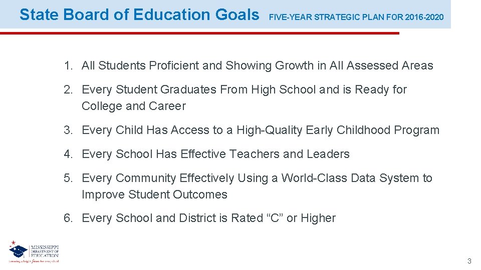 State Board of Education Goals FIVE-YEAR STRATEGIC PLAN FOR 2016 -2020 1. All Students