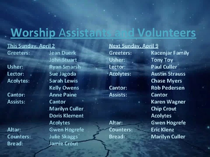 Worship Assistants and Volunteers This Sunday, April 2 Greeters: Jean Duerk John Stuart Usher: