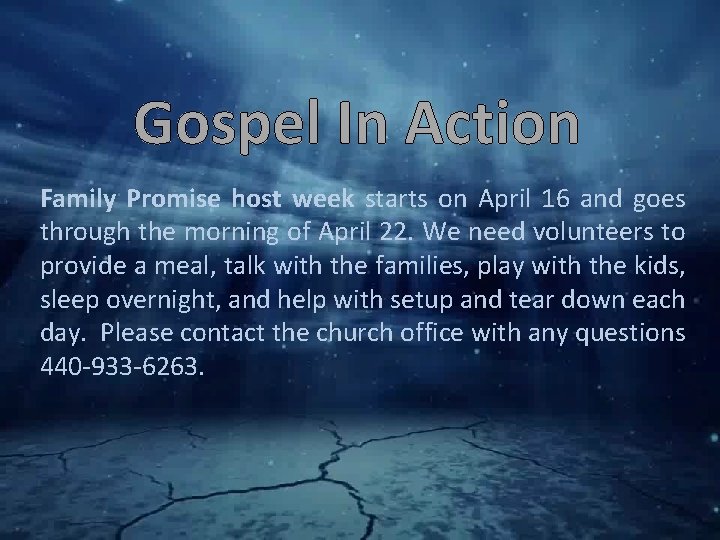 Gospel In Action Family Promise host week starts on April 16 and goes through