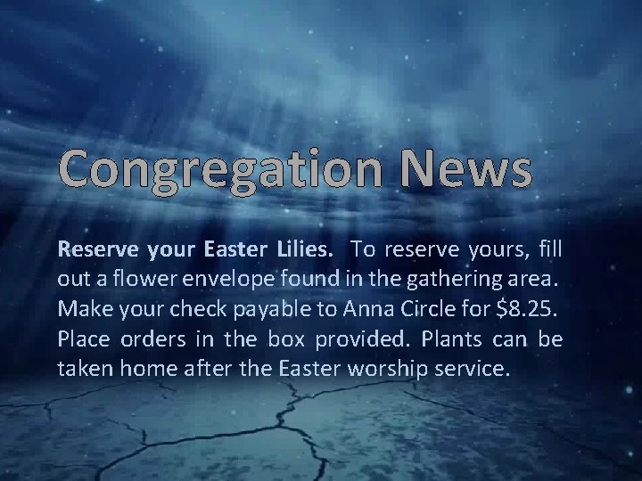 Congregation News Reserve your Easter Lilies. To reserve yours, fill out a flower envelope