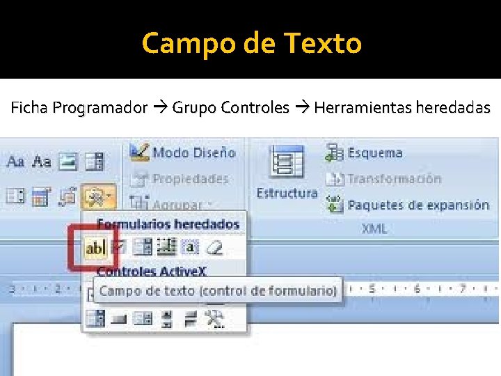 Campo de Texto Ficha Programador Grupo Controles Herramientas heredadas 