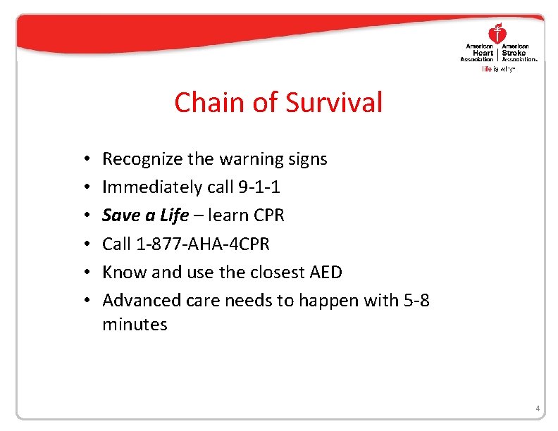 Chain of Survival • • • Recognize the warning signs Immediately call 9 -1