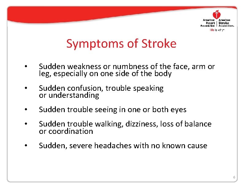 Symptoms of Stroke • Sudden weakness or numbness of the face, arm or leg,