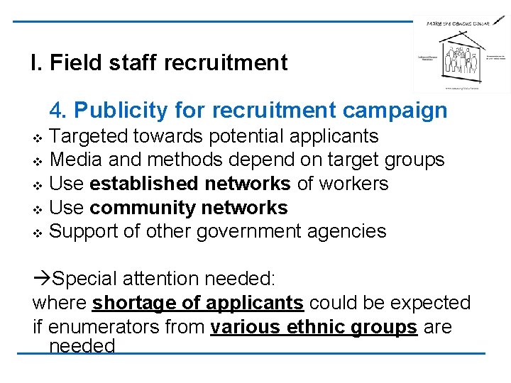 I. Field staff recruitment 4. Publicity for recruitment campaign v v v Targeted towards