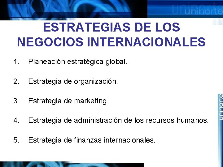 ESTRATEGIAS DE LOS NEGOCIOS INTERNACIONALES 1. Planeación estratégica global. 2. Estrategia de organización. 3.