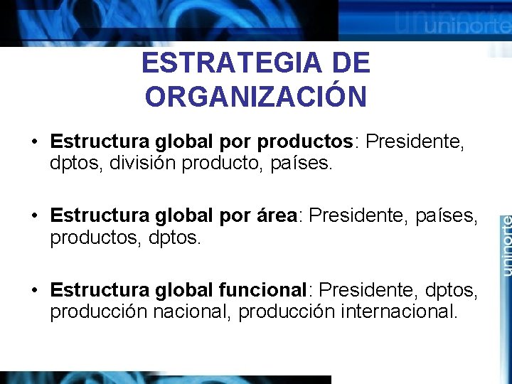 ESTRATEGIA DE ORGANIZACIÓN • Estructura global por productos: Presidente, dptos, división producto, países. •