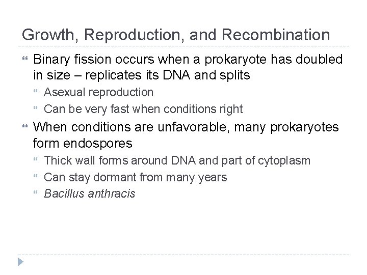 Growth, Reproduction, and Recombination Binary fission occurs when a prokaryote has doubled in size