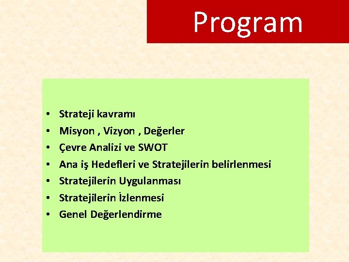 Program • • Strateji kavramı Misyon , Vizyon , Değerler Çevre Analizi ve SWOT