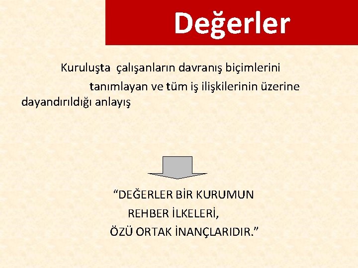 Değerler Kuruluşta çalışanların davranış biçimlerini tanımlayan ve tüm iş ilişkilerinin üzerine dayandırıldığı anlayış “DEĞERLER