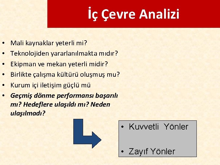 İç Çevre Analizi • • • Mali kaynaklar yeterli mi? Teknolojiden yararlanılmakta mıdır? Ekipman