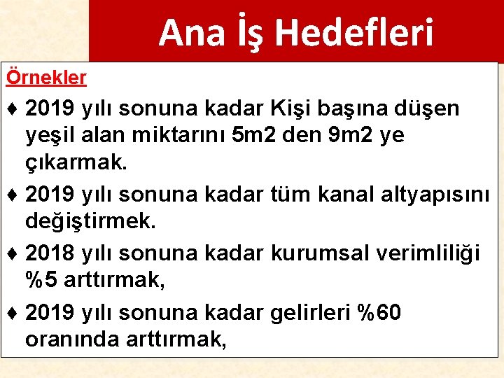 Ana İş Hedefleri Örnekler ♦ 2019 yılı sonuna kadar Kişi başına düşen yeşil alan