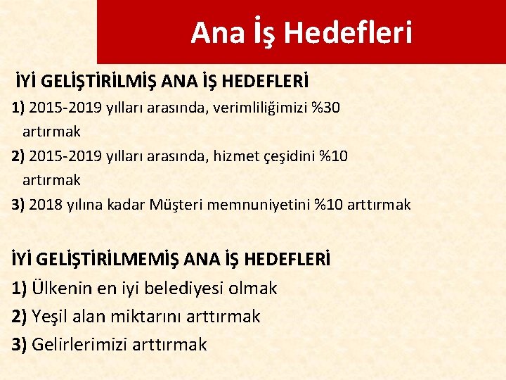 Ana İş Hedefleri İYİ GELİŞTİRİLMİŞ ANA İŞ HEDEFLERİ 1) 2015 -2019 yılları arasında, verimliliğimizi