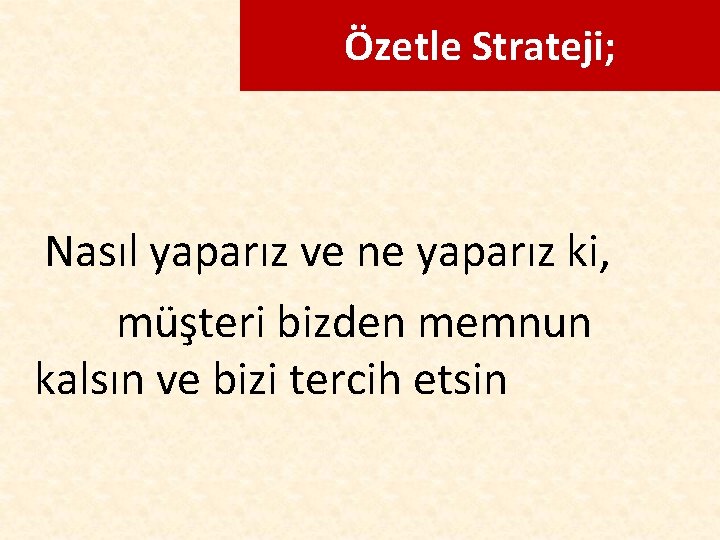 Özetle Strateji; Nasıl yaparız ve ne yaparız ki, müşteri bizden memnun kalsın ve bizi