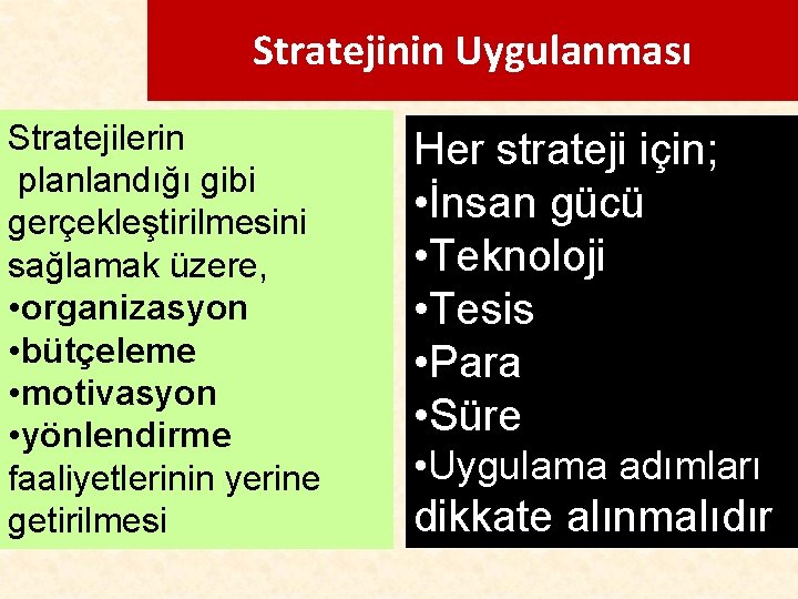 Stratejinin Uygulanması Stratejilerin planlandığı gibi gerçekleştirilmesini sağlamak üzere, • organizasyon • bütçeleme • motivasyon