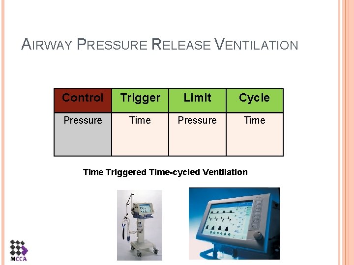 AIRWAY PRESSURE RELEASE VENTILATION Control Trigger Limit Cycle Pressure Time Triggered Time-cycled Ventilation 