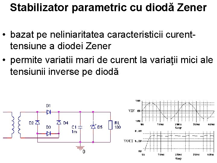 Stabilizator parametric cu diodă Zener • bazat pe neliniaritatea caracteristicii curenttensiune a diodei Zener
