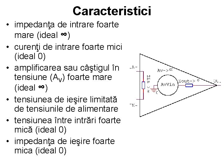 Caracteristici • impedanţa de intrare foarte mare (ideal ∞) • curenţi de intrare foarte