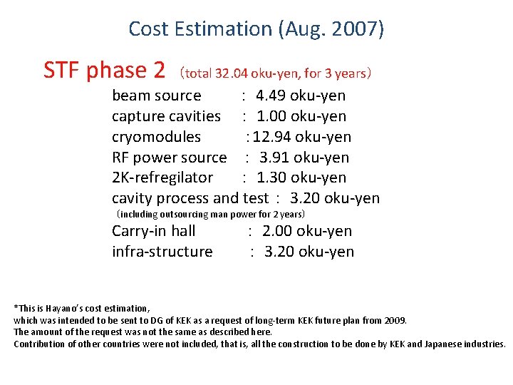Cost Estimation (Aug. 2007) STF phase 2 （total 32. 04 oku-yen, for 3 years）
