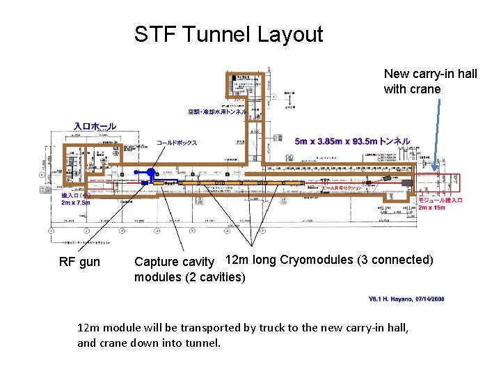 STF Tunnel Layout New carry-in hall 新搬入口 with crane RF gun Capture cavity 12