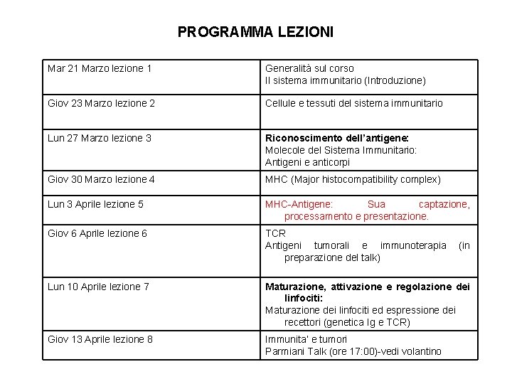 PROGRAMMA LEZIONI Mar 21 Marzo lezione 1 Generalità sul corso Il sistema immunitario (Introduzione)