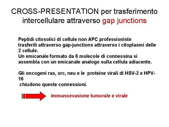 CROSS-PRESENTATION per trasferimento intercellulare attraverso gap junctions Peptidi citosolici di cellule non APC professioniste CROSS-PRESENTATION per trasferimento intercellulare attraverso gap junctions Peptidi citosolici di cellule non APC professioniste