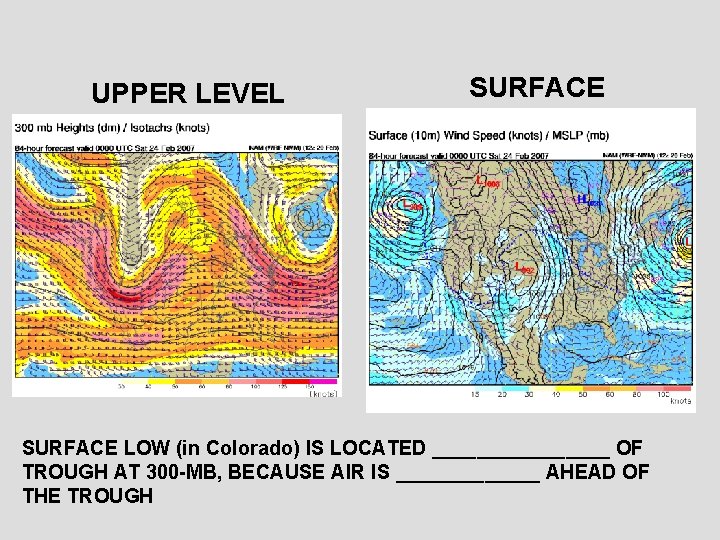 UPPER LEVEL SURFACE LOW (in Colorado) IS LOCATED ________ OF TROUGH AT 300 -MB,