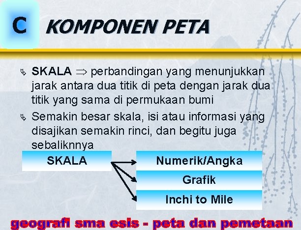 C KOMPONEN PETA Ä Ä SKALA perbandingan yang menunjukkan jarak antara dua titik di