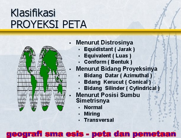 Klasifikasi PROYEKSI PETA § Menurut Distrosinya § § Menurut Bidang Proyeksinya § § Equidistant