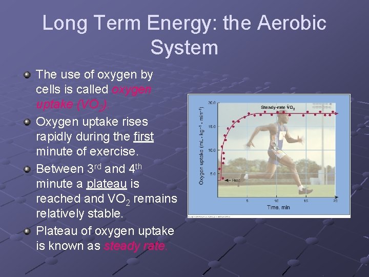 Long Term Energy: the Aerobic System The use of oxygen by cells is called