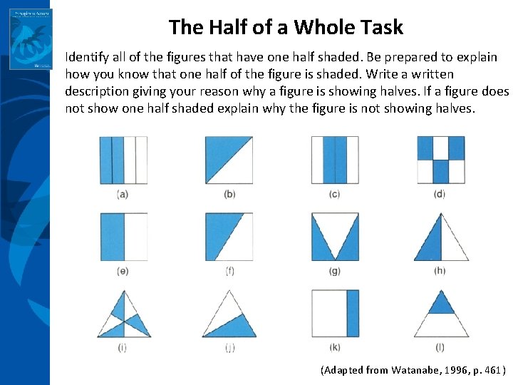 The Half of a Whole Task Identify all of the figures that have one