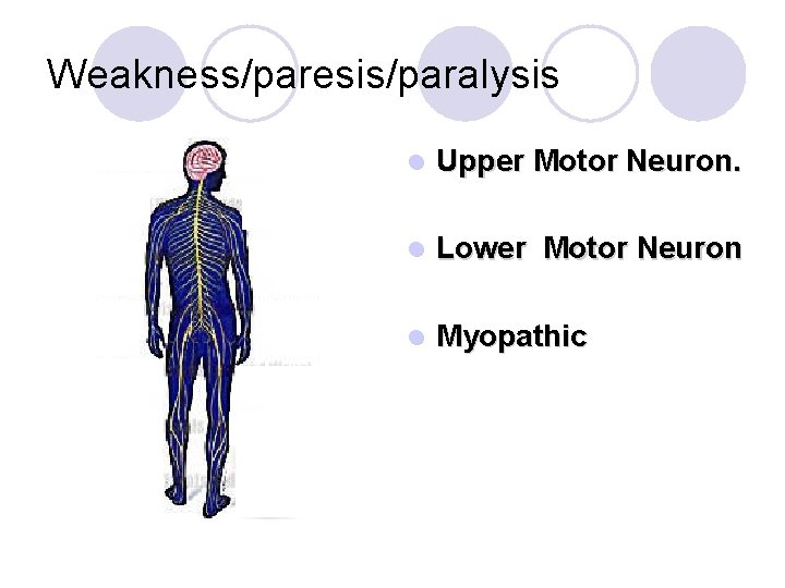 Weakness/paresis/paralysis l Upper Motor Neuron. l Lower Motor Neuron l Myopathic Weakness/paresis/paralysis l Upper Motor Neuron. l Lower Motor Neuron l Myopathic