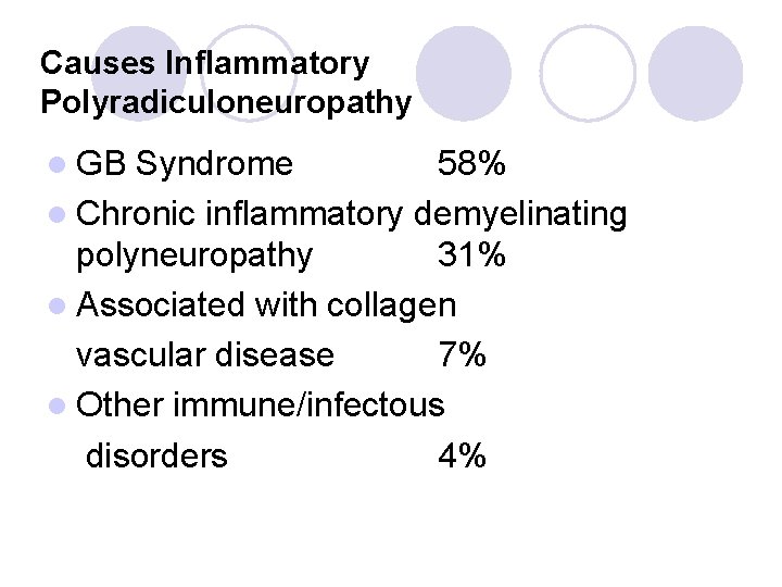 Causes Inflammatory Polyradiculoneuropathy l GB Syndrome 58% l Chronic inflammatory demyelinating polyneuropathy 31% l Causes Inflammatory Polyradiculoneuropathy l GB Syndrome 58% l Chronic inflammatory demyelinating polyneuropathy 31% l
