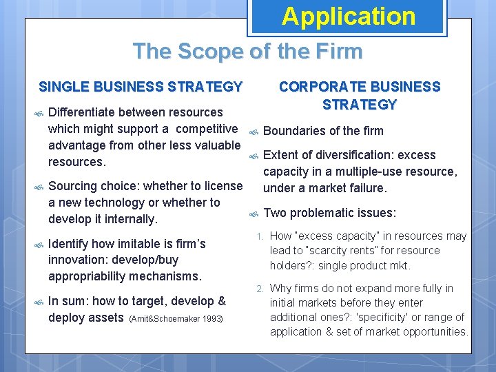 Application The Scope of the Firm SINGLE BUSINESS STRATEGY CORPORATE BUSINESS STRATEGY Differentiate between