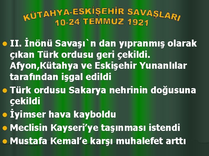 l II. İnönü Savaşı`n dan yıpranmış olarak çıkan Türk ordusu geri çekildi. Afyon, Kütahya