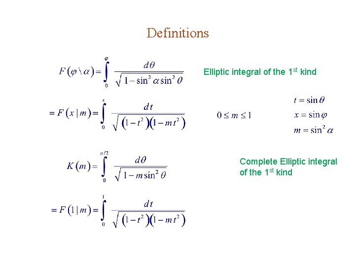 Definitions Elliptic integral of the 1 st kind Complete Elliptic integral of the 1