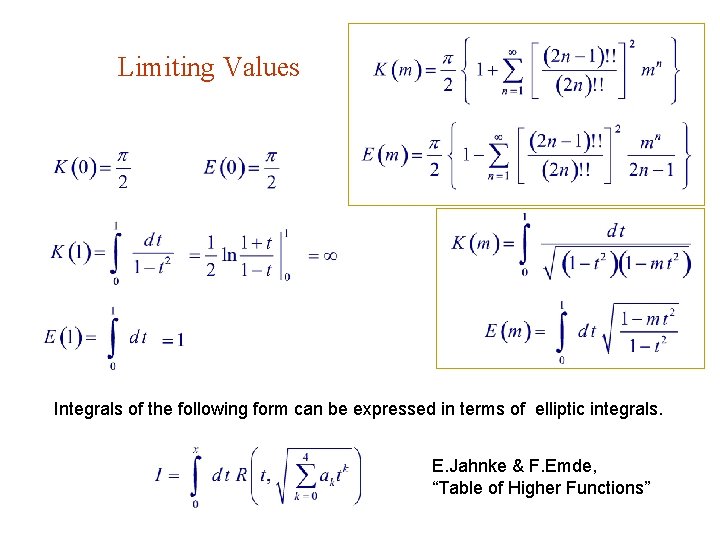 Limiting Values Integrals of the following form can be expressed in terms of elliptic